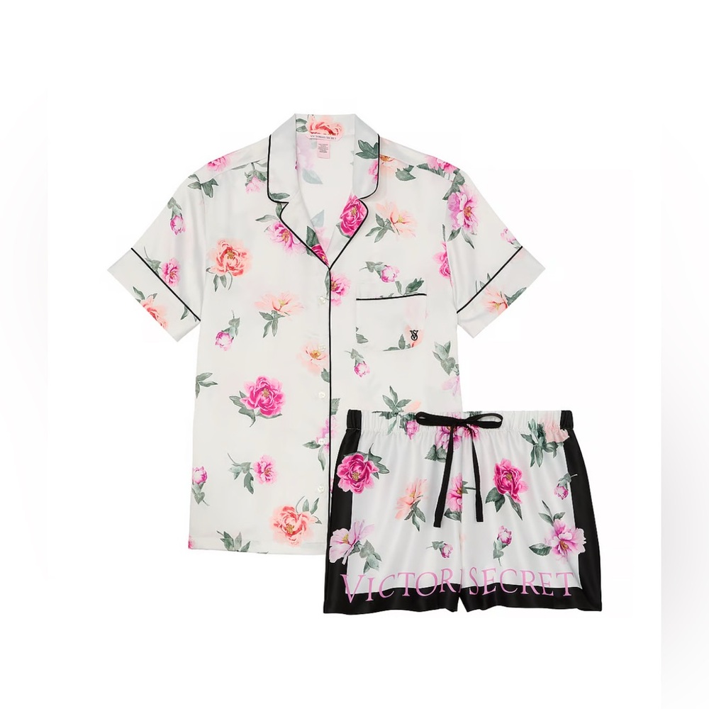 VICTORIA’S SECRET - Glazed Satin Short Pajama Set - All Over Peony Floral - NEW